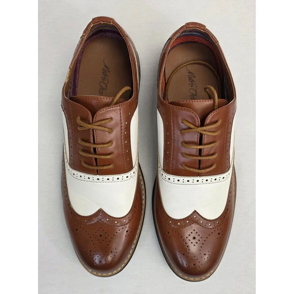 Metro Charm Mens Brown White Spectator Wingtip Oxford Shoes and Belt Set 9.5